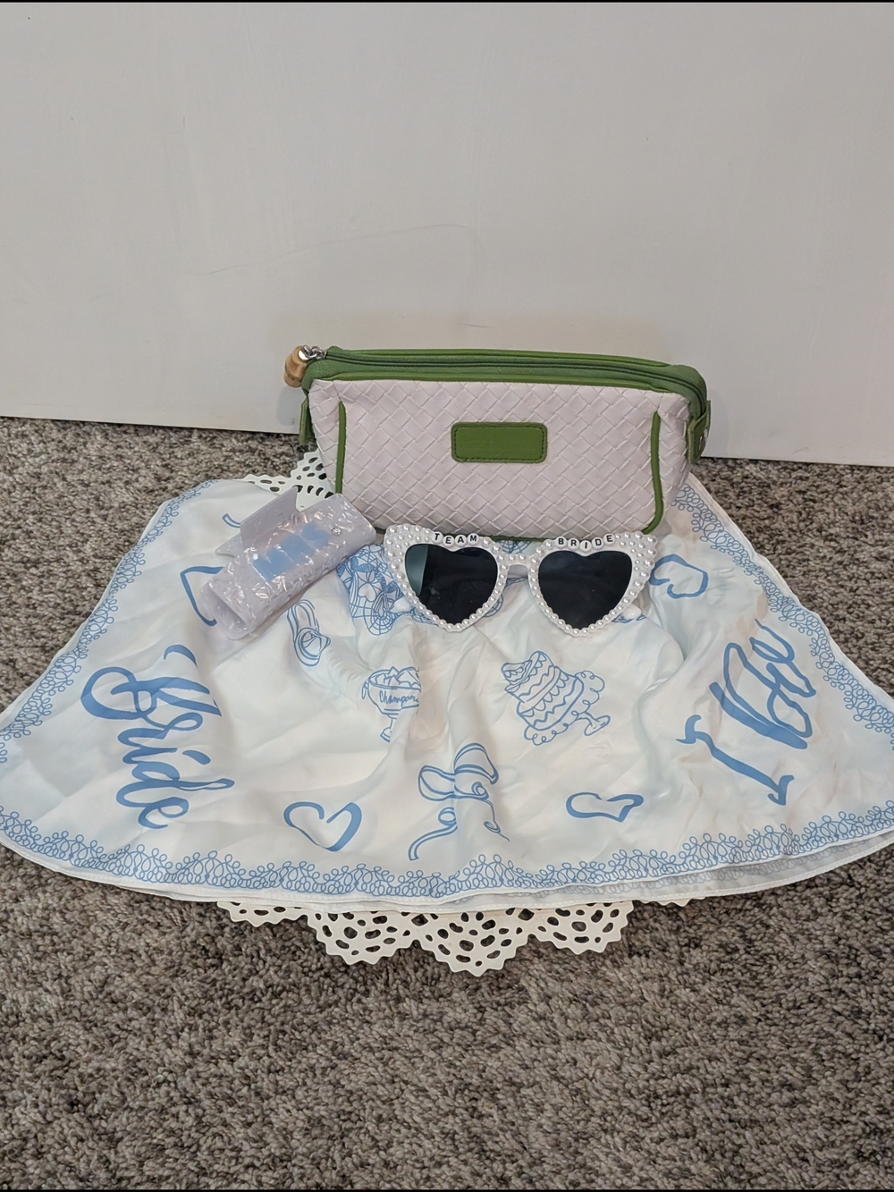 Bride To Be Scarf with Heart Sunglasses, Mrs Hair Clip & Makeup Bag